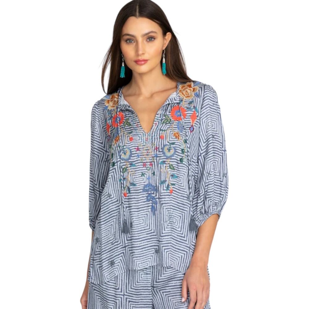 Johnny Was Taryn Flowy Tassel Blouse Medium Embroidered Floral Boho Peasant